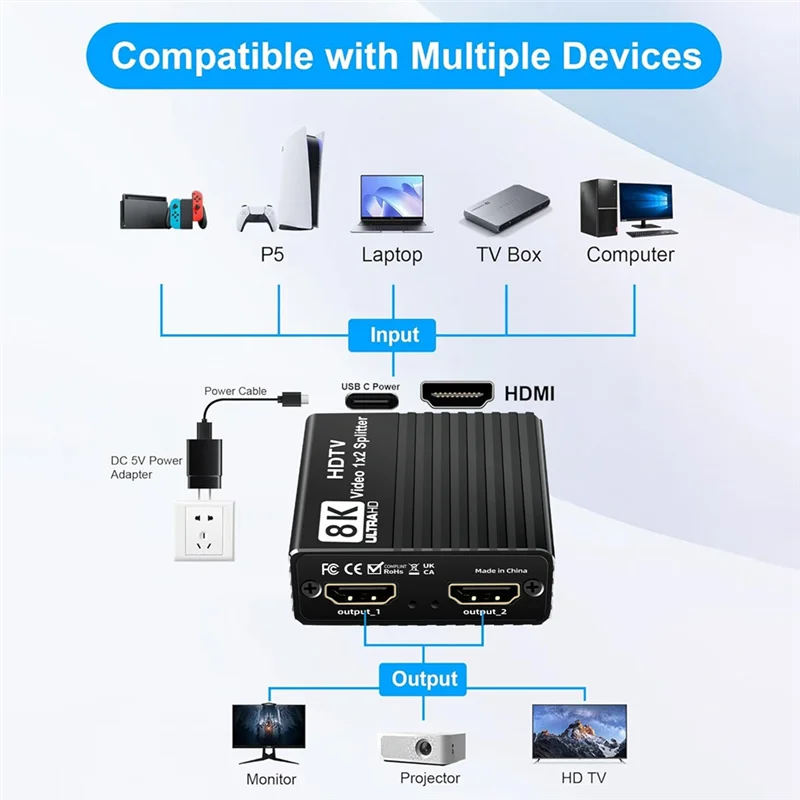 【HASD】فاصل 1X2 لـ 8K HDTV Ultra HD 2.1 8K 60 هرتز/4K 120 هرتز/1080P 240 هرتز EDID لأجهزة الكمبيوتر المحمول PS5 PC