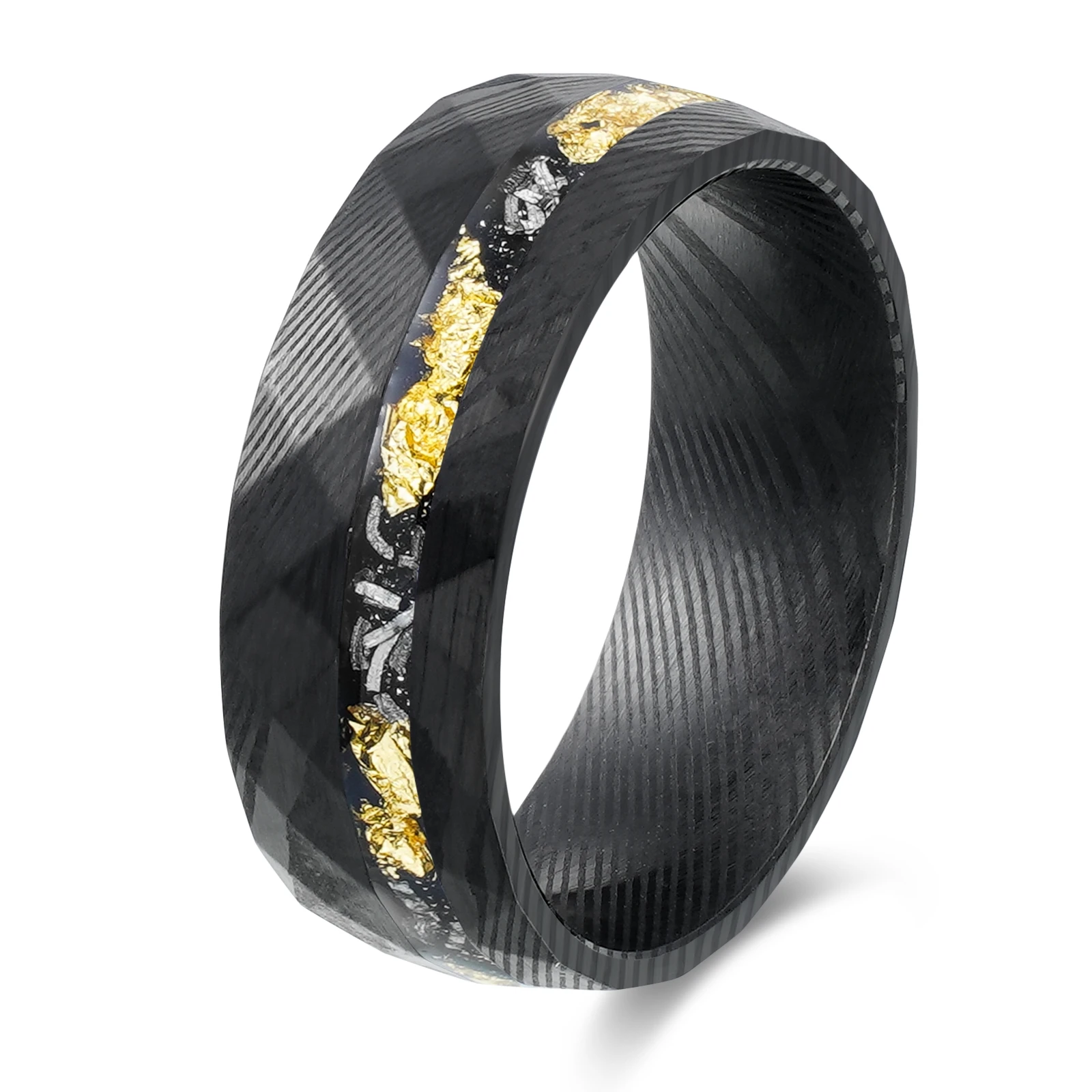 POYA 8mm Black  Stainless Steel Ring Etch Damascus Steel   Meteorite Shaving & Gold Leaf Inlay Promise Gift