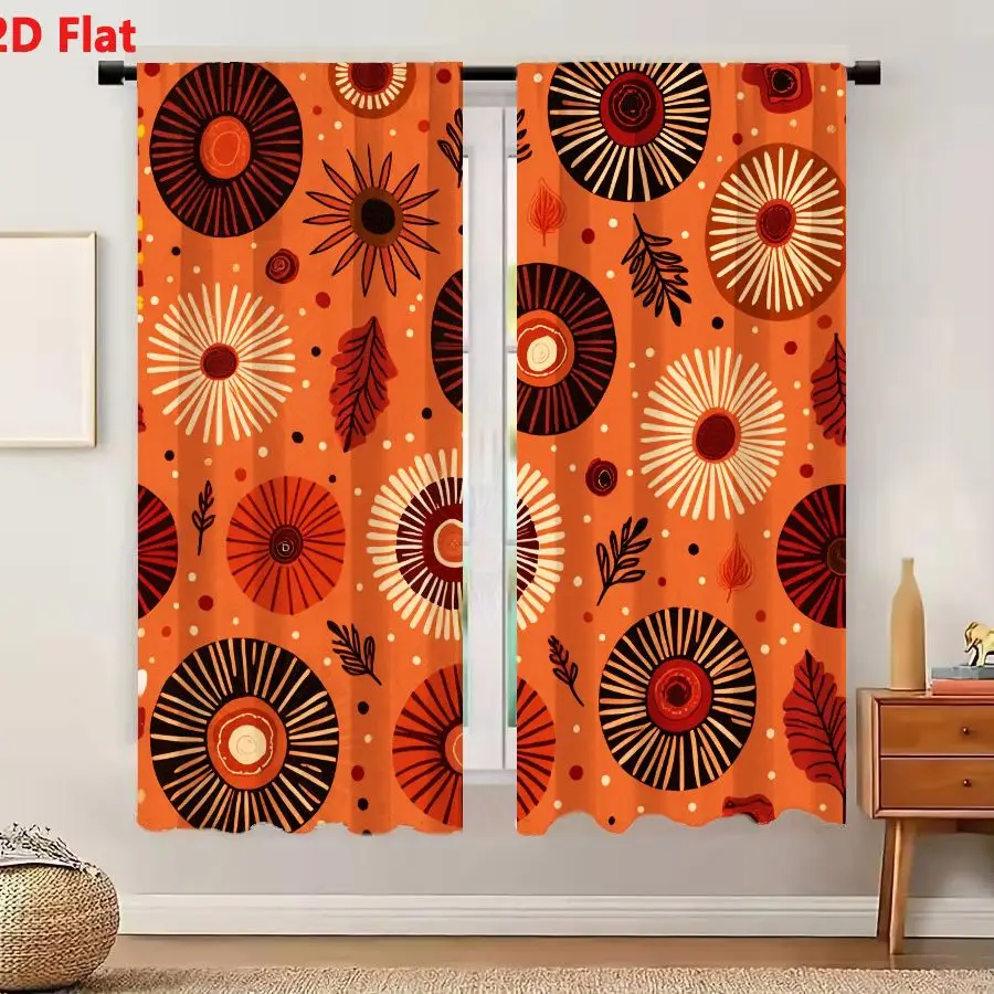 2Pcs Curtains 2D Flat Vibrant Repeating Pattern Orange Background With Stylized Flowers Leaves In Warm Earthy Tones Red Brown Cr