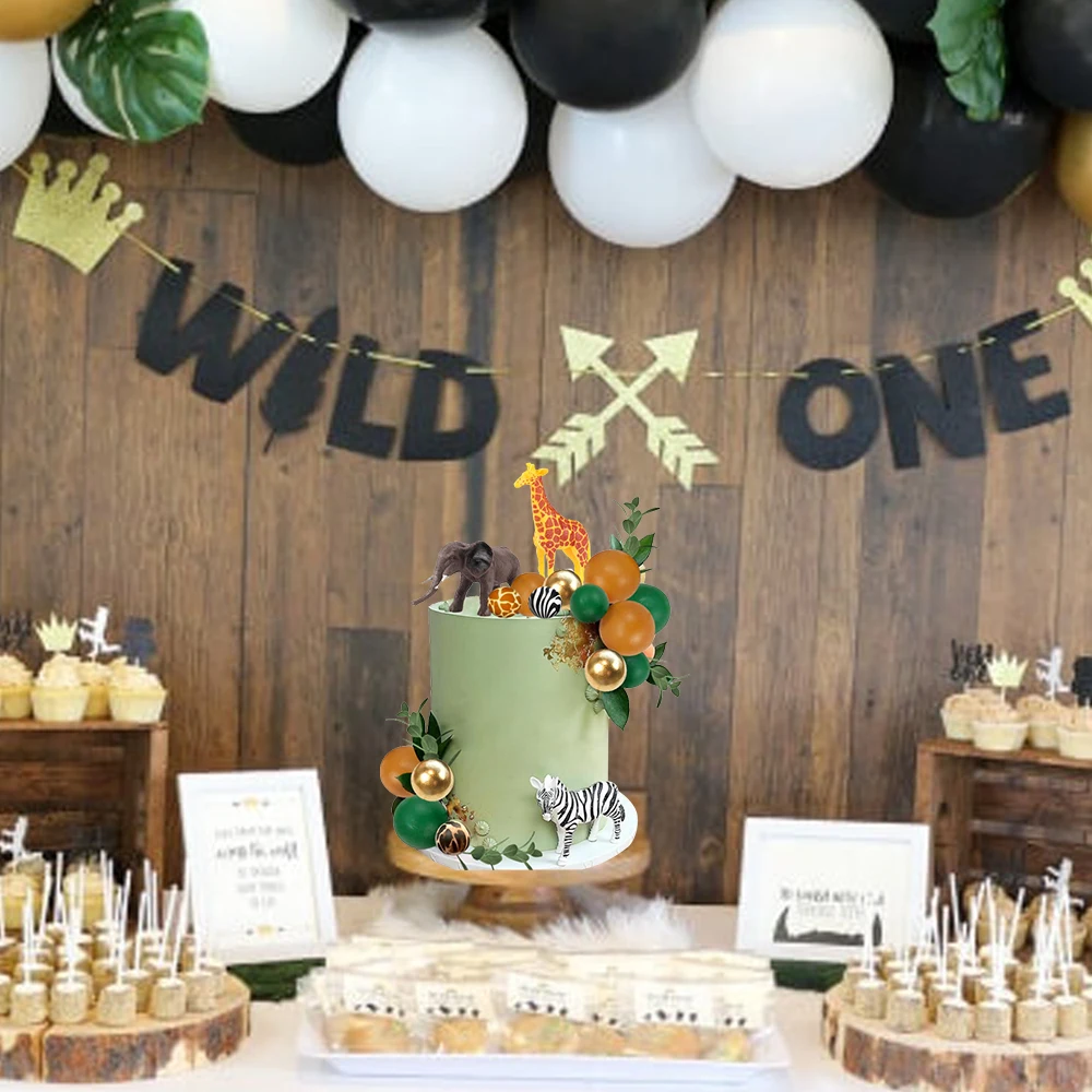 24pcs Safari Animals Cake Decorations Green Orange Balls Cake Toppers for Jungle Wild Birthday Baby Shower Safari Birthday Party