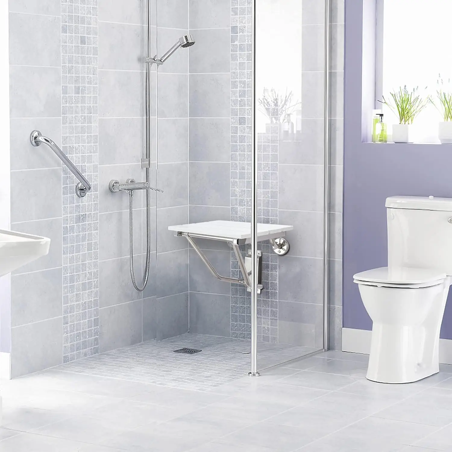 Folding Shower Seat Wall Mounted, Collapsible Shower Bench Chair, Heavy Duty Waterproof Plastic Wood Stool Inside Shower Bathroom Bathtub Small Space, Rustproof Stainless Steel Frame Safety Seating