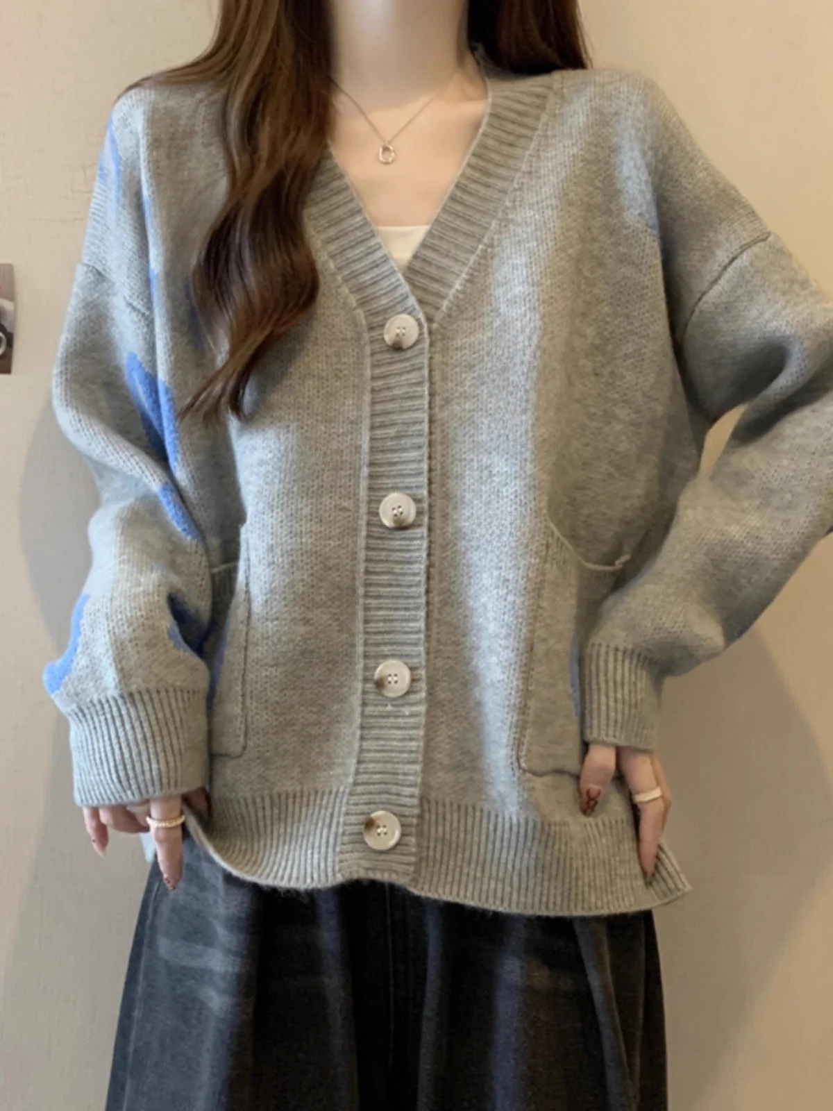 Korean Sle Versatile Knitted Open Cardigan Women's Early Autumn High School Junior High Student Large Children's Design Sen...