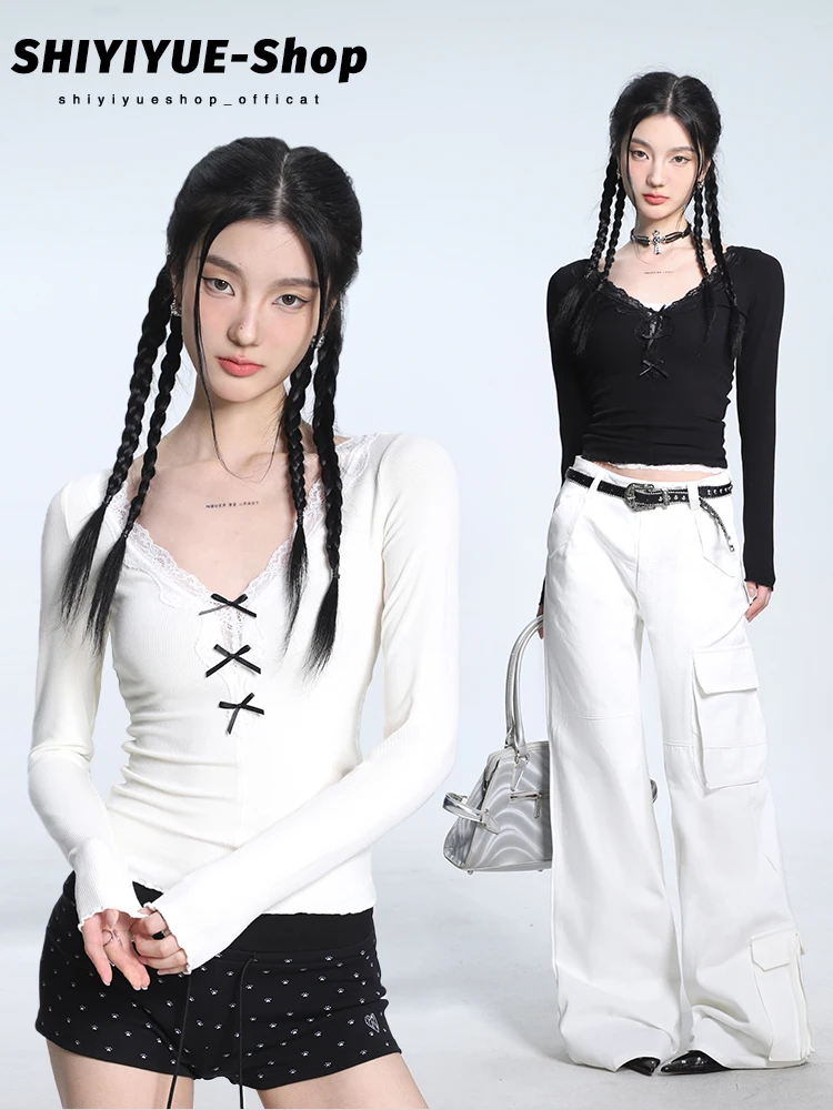 

Женский вязаный свитер Long Sve V-Ne с узлом и кружевной отделкой, облегающий базовый слой, топ, повседневный топ из ткани