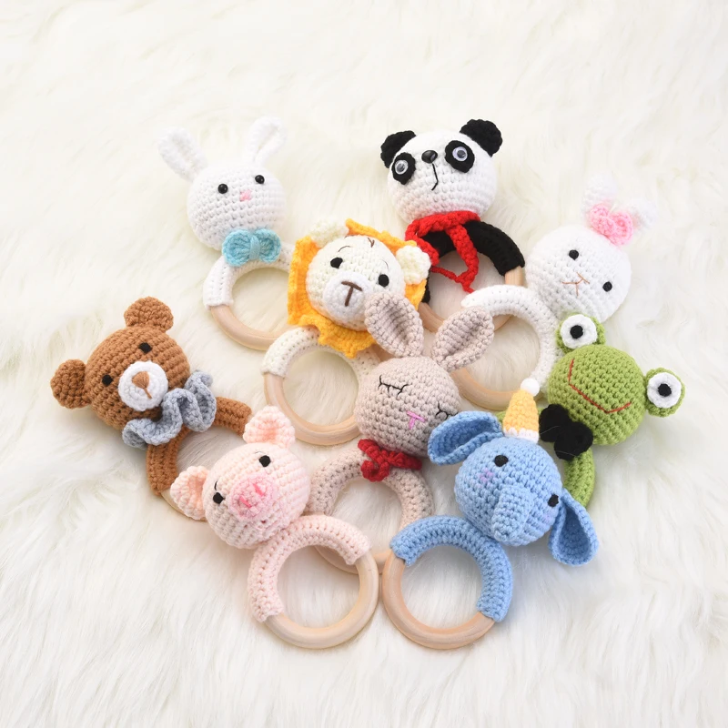 1Pcs Baby Teething Ring Food Grade Crochet Cartoon Animal Toy Wooden Teether Round Ring Bracelet For Baby Cot Hanging Rattle Toy