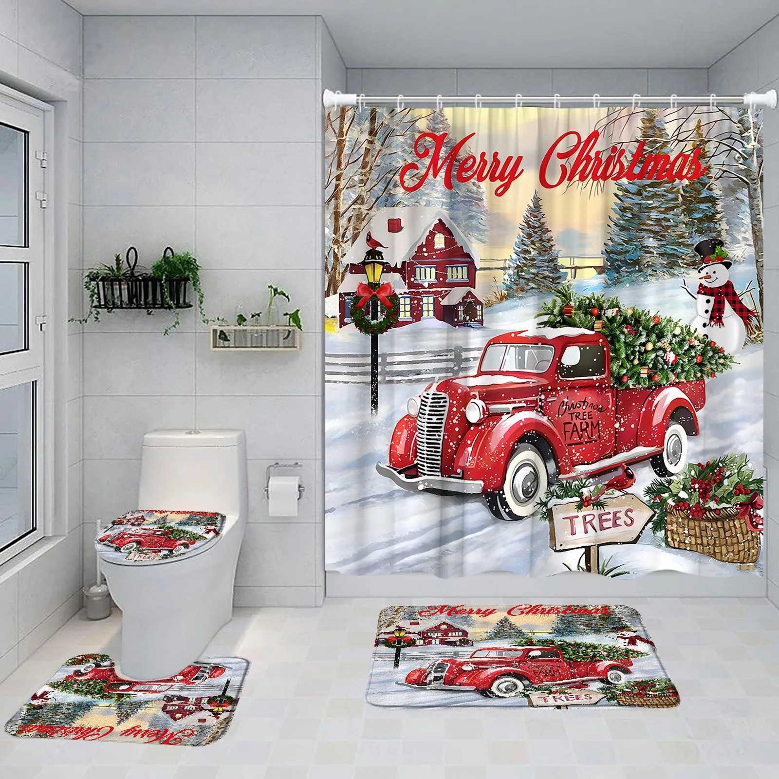 Christmas Shower Curtains Set Cute Snowman Blue Xmas Balls Fir Branches New Year Bathroom Decor Non-Slip Rug Bath Mat Toilet Lid