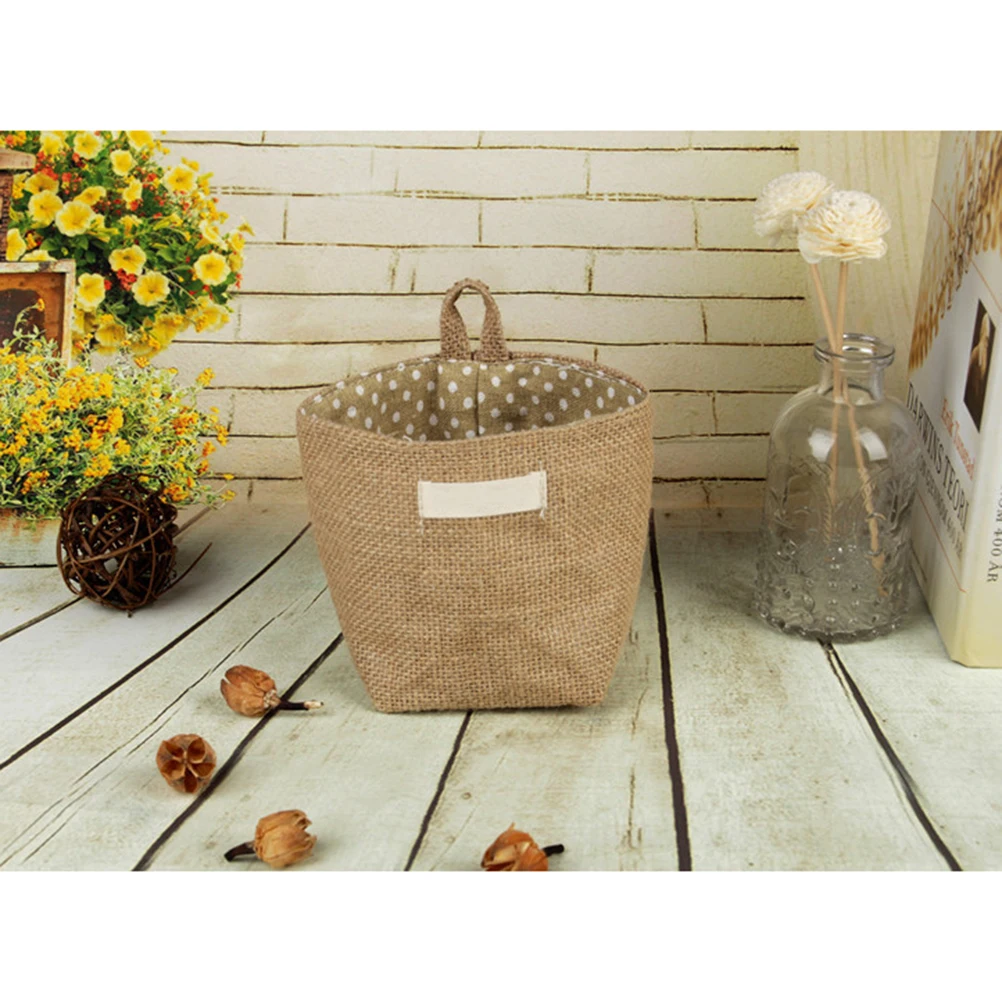 

Hanging Jute Storage Bag Small Sacks For Cosmetics Underwear Hanging Storage Basket -Friendly Burlap Bag Yellow Dot