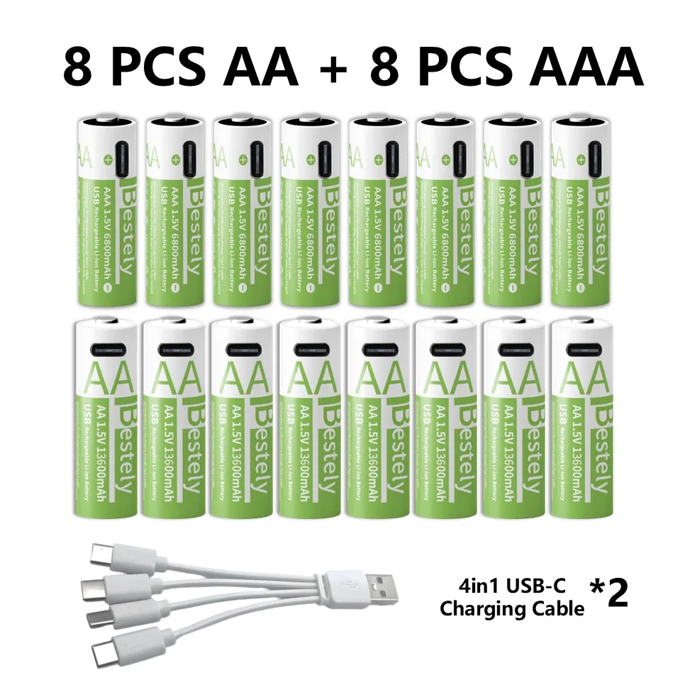 1,5 V AA/AAA Li-Ionen-Akkus 13600 + 6800 mAh Ultraschnellladung ab 2000 Zyklen mit kostenlosem USB-C-Kabel für Spielzeug, Fernbedienungen, Kameras