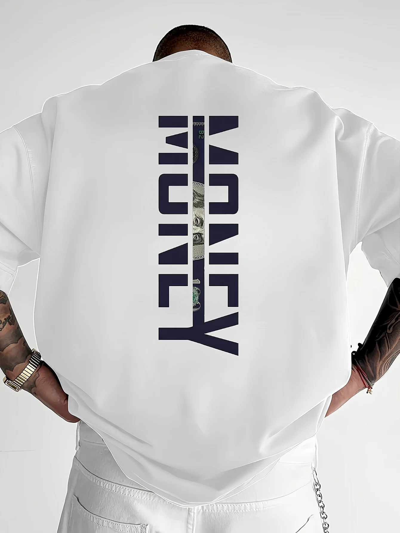 Vertical Money Text with Dollar Bill Split Print on 100 Cotton Mens T Shirt Great for Summer Streetwear and Casual Urban Outings