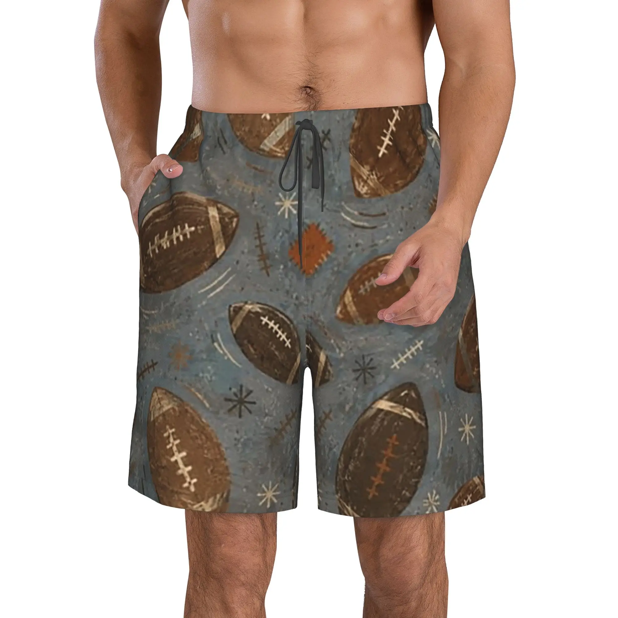 American vintage Football Pattern Trunks Beach Board Shorts Casual Quick Dry Swim Summer Men Pants