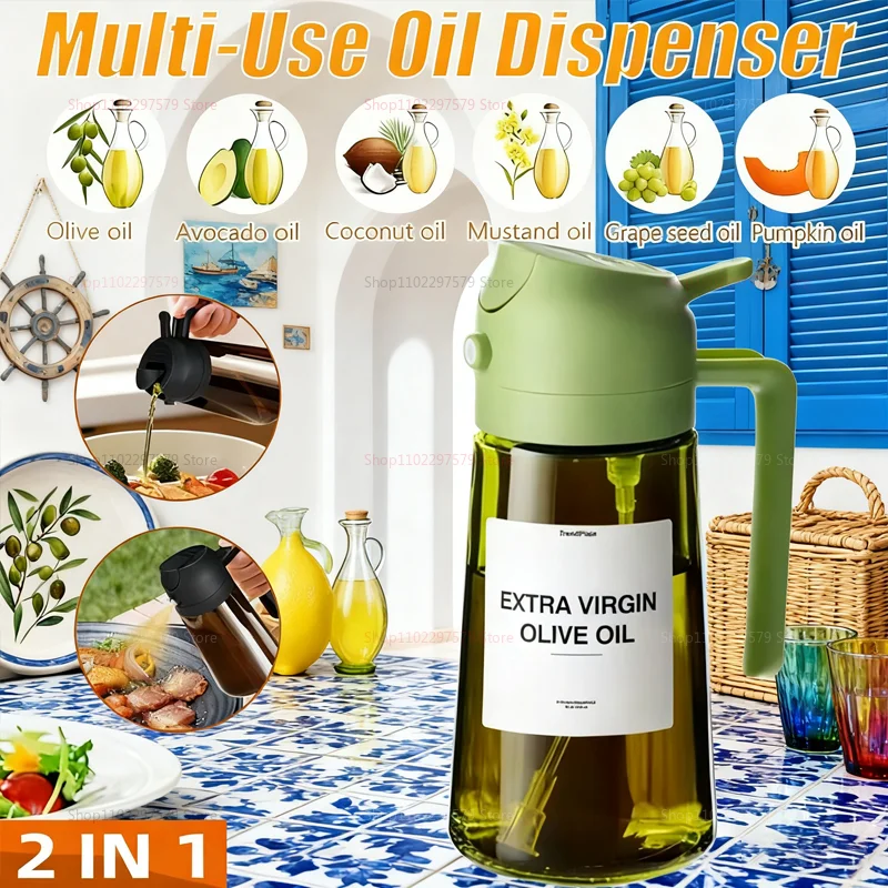16oz 470ml Glass Oil Dispenser Bottle 2-in-1 Leakproof Eco-Friendly Olive Oil Sprayer for Cooking Baking BBQ Air Fryer Salad