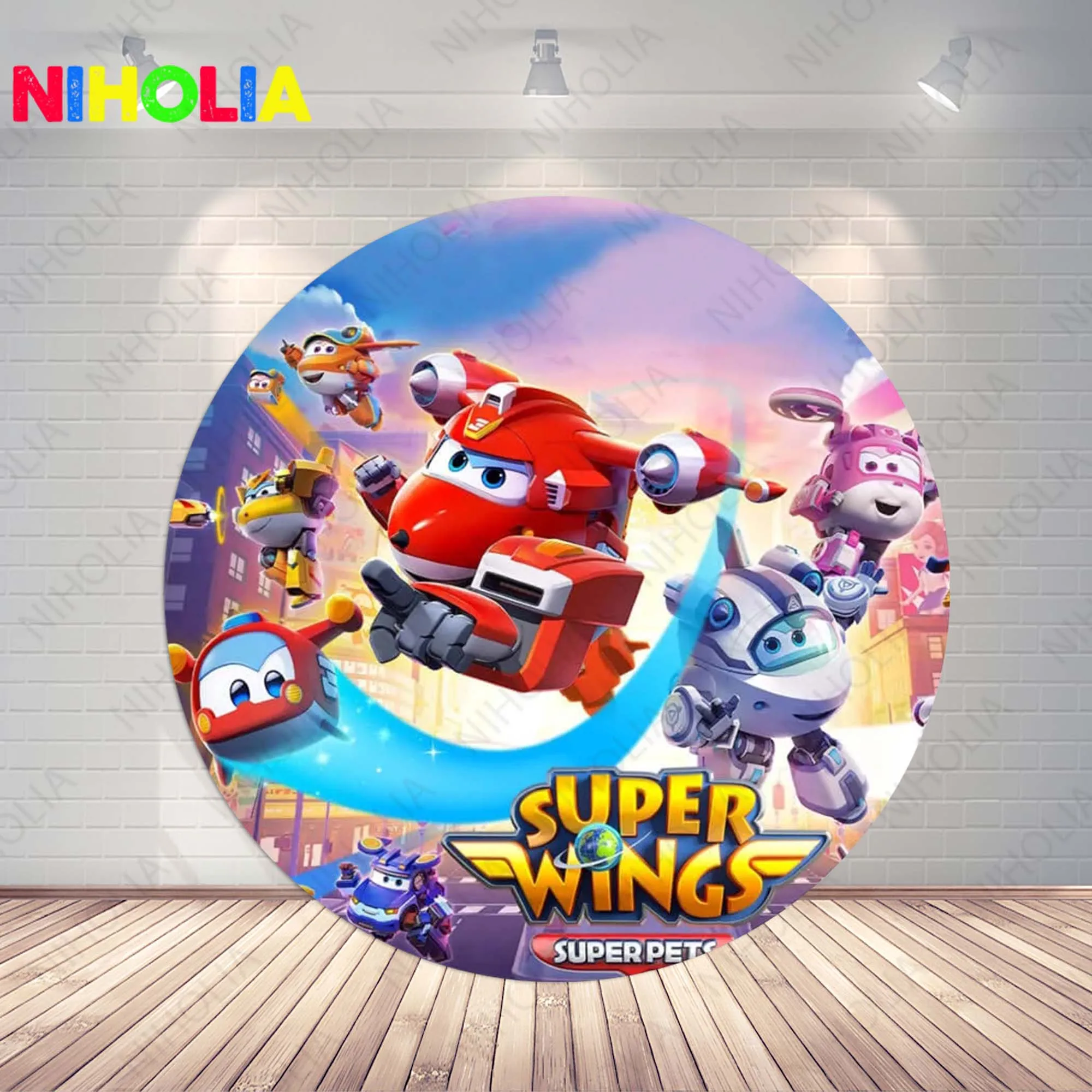 Niholia Super Wings Photo Backdrop Circle Cover Kids Birthday Aircraft Robot  Jett Photography Background Round Photo Booth Prop