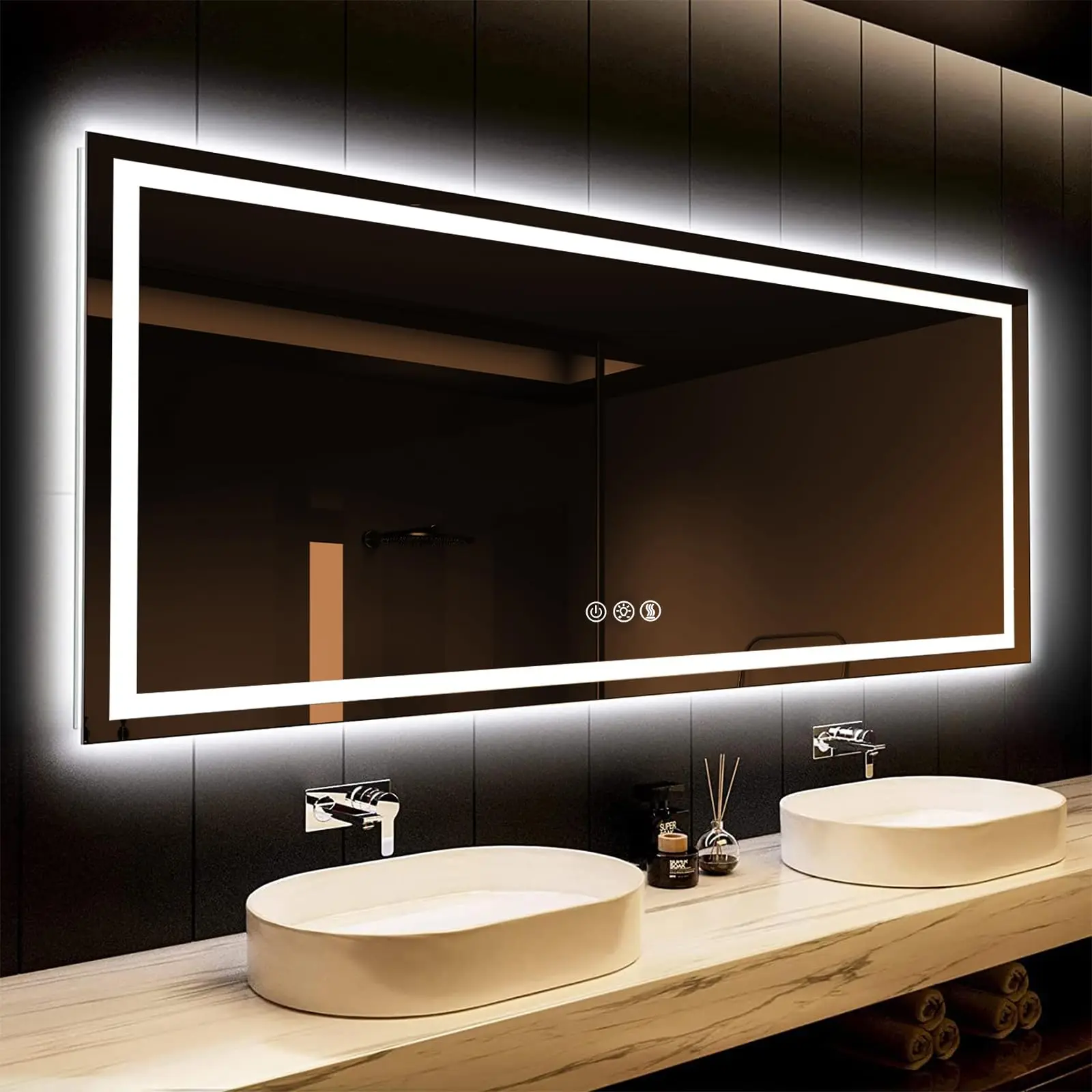 ROOC 60x36 Inches LED Bathroom Mirror with Lights, Mirror with Front and Backlight, Smart Dimmable Anti-Fog LED Mirror