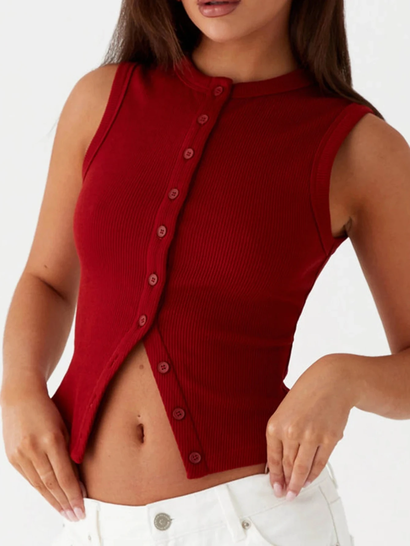 

Women's Button Up Ribbed Knit Tank Top Open Front Crewneck Fitted Vest Top Sleeveless Basic Tops Y2K Vintage Streetwear