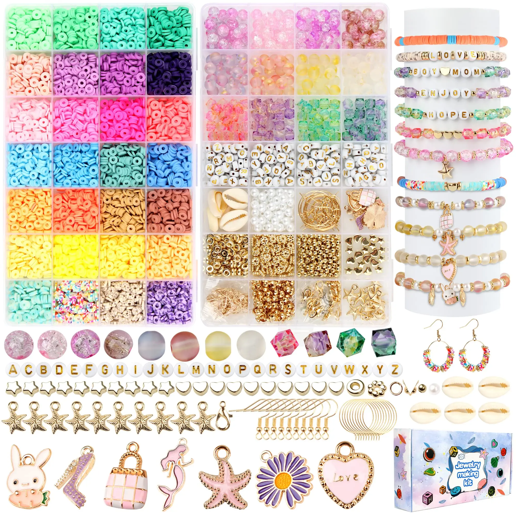 

Набор для изготовления ювелирных изделий из 6075 предметов: 4800 глиняных бусин, 200 золотых бусин с буквами, 100 жемчужных бусин, 80 стеклянных бусин с кракле для ювелирных изделий своими руками