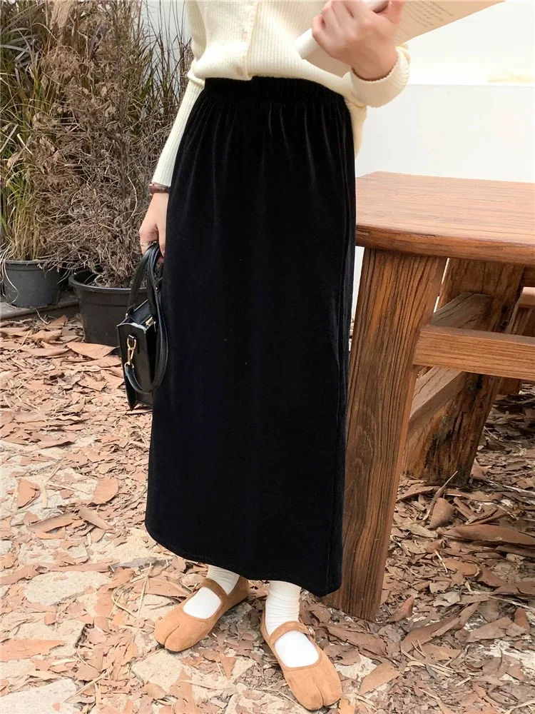 

Gold Velvet Thiened Dra f Skirt Straight Tube Silhouette Versatile Sle mid Waist Design Pure Color Faionable Wom...