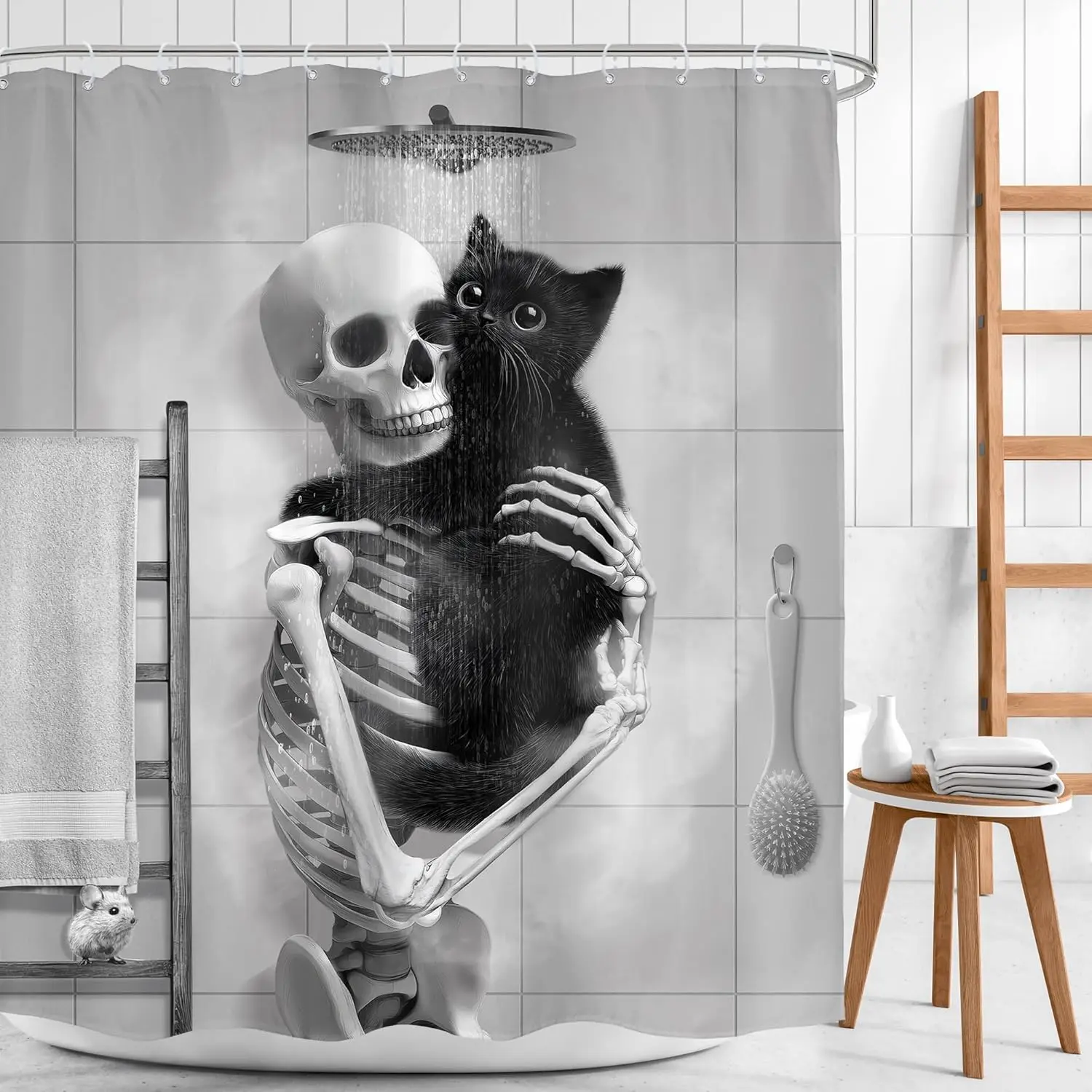 Waterproof Gothic Skeleton Cat Shower Curtain Novelty Halloween Bathroom Decor Printed Curtain Liner for Master Bath