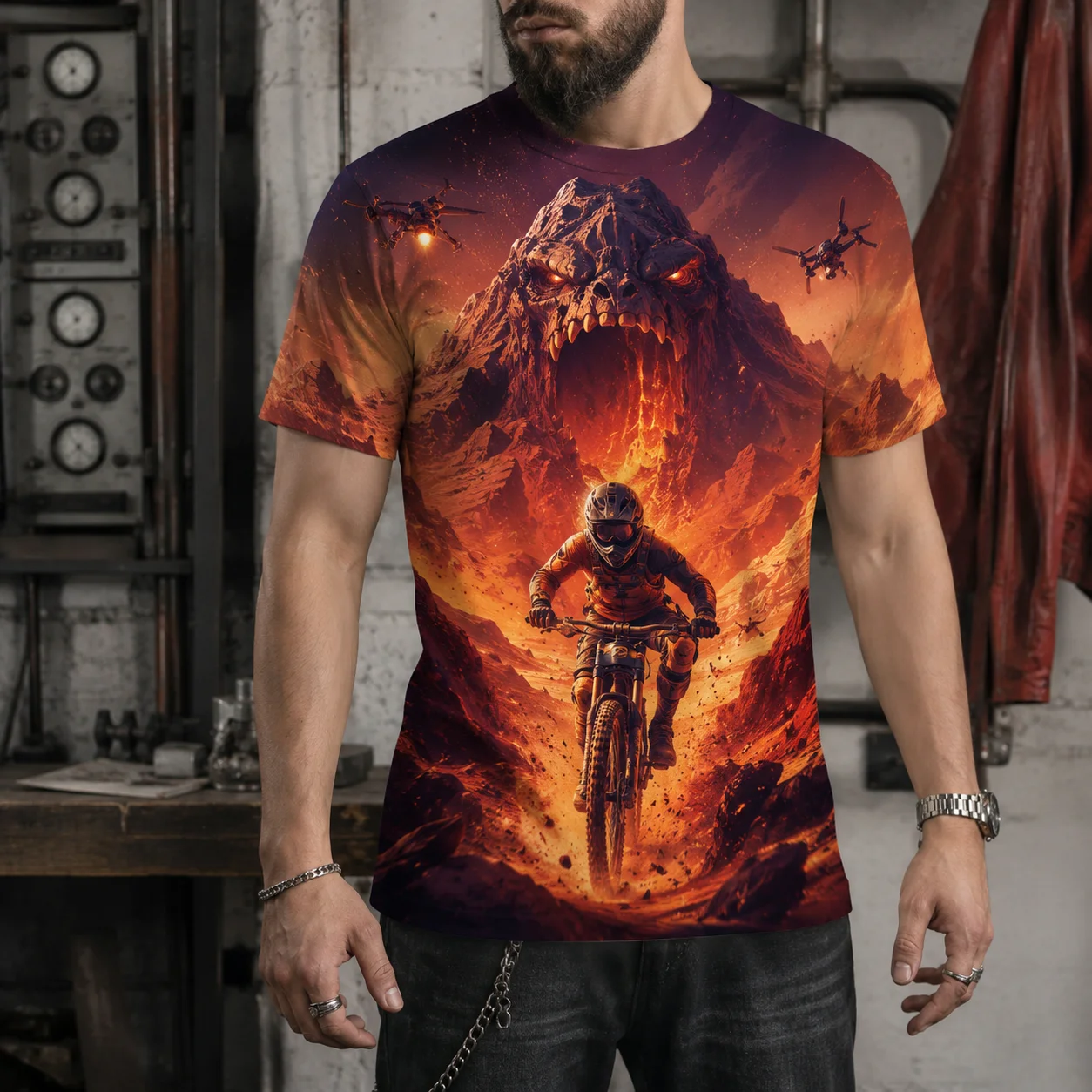 Men’s 3D All Over Print T Shirt Lava Mountain Skull Monster Downhill MTB Rider Graphic Short Sleeve Crew Neck Cycling Sports Tee