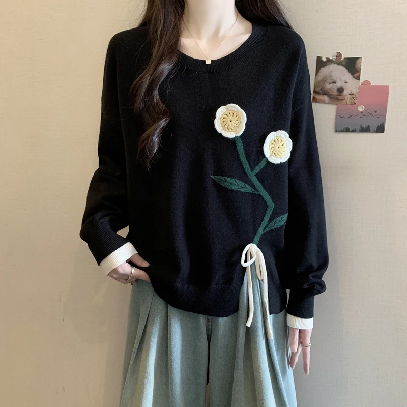 

Женский свитер больших размеров, скрывающий живот, осень-зима 2026, новинка, с боковым разрезом, 3D, свободный, стройнящий, вязаный топ, повседневная одежда