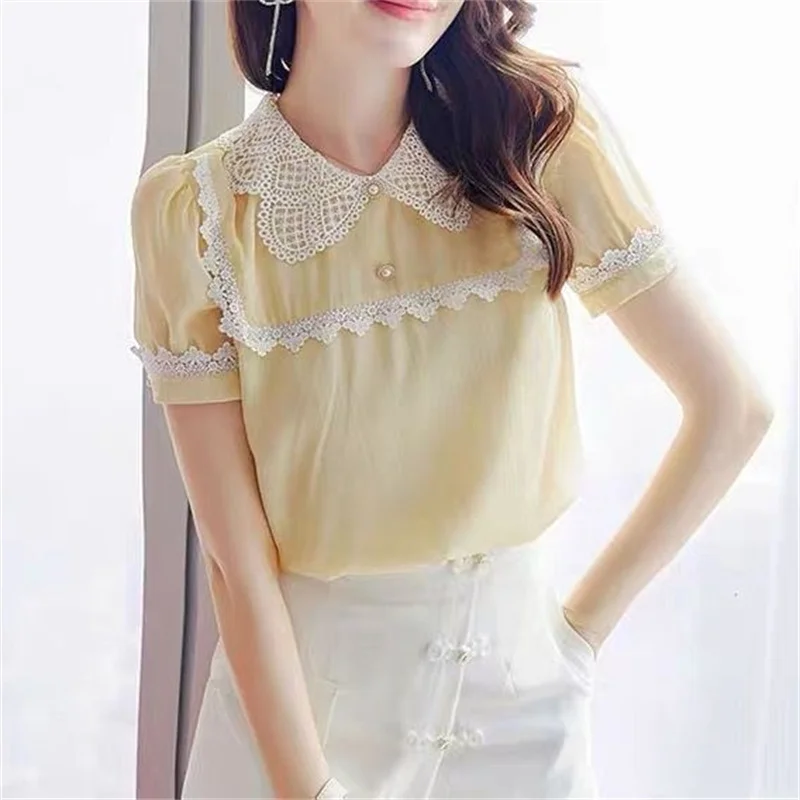 Woman Spring Summer Style Blouses Shirts Lady Casual Short Puff Sleeve Turn-down Collar Blusas Tops G2636