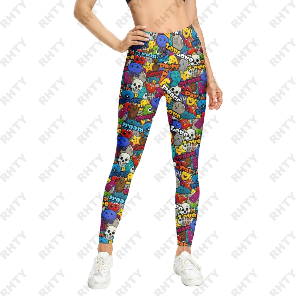 Alphabet Graffiti Quick Dry Leggings for Women, Black Cartoon Head Printed Sports Pants, Yoga Slim Tights, Colorful dehors Fitness