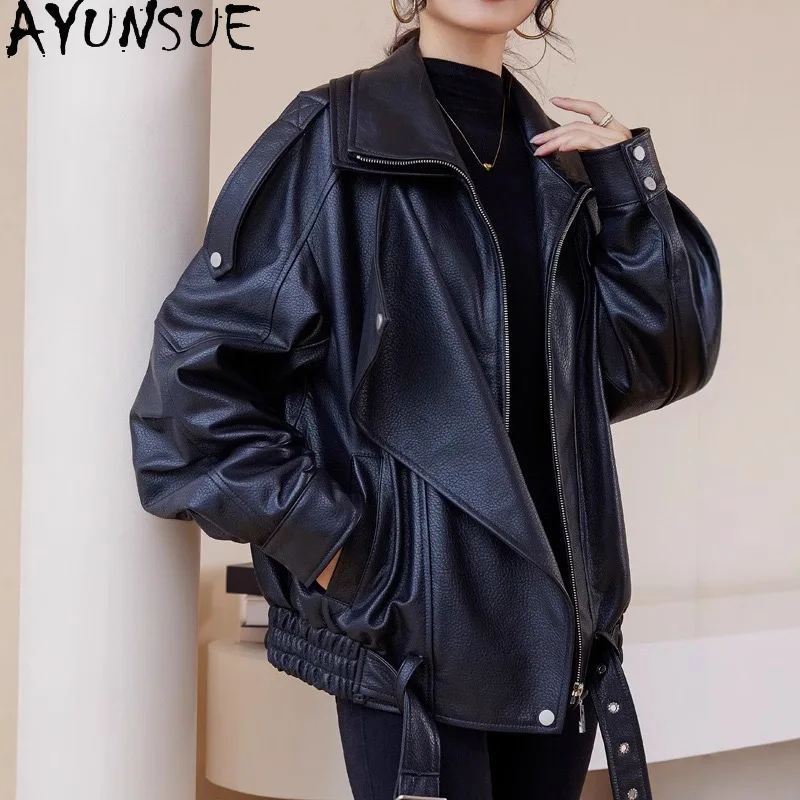 AYUNSUE 100% Real Leather Jacket Women Trendy Spring Autumn Clothes Natural Sheepskin Coat for Woman Belt Jaqueta De Couro