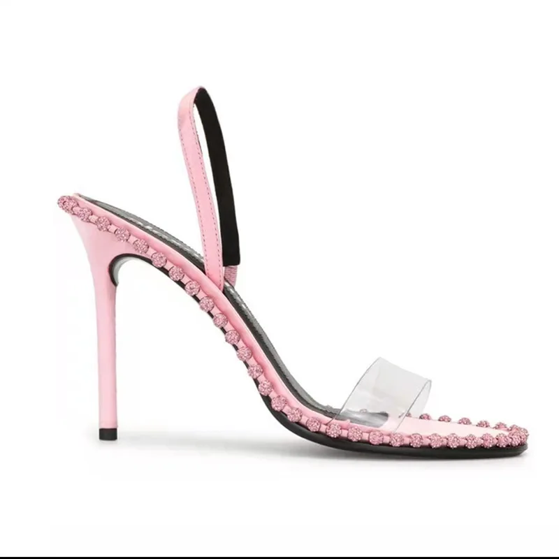High Heel Sandals 2023 European and American Sexy Rhinester Fine Heel Transparent Leather Sexy One Line with Flip-flops