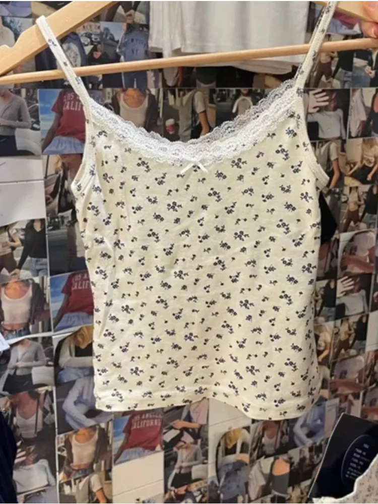 Casual Women Beige Floral Printed Slim Camis 2024 Summer Fashion Ladies Sleeveless Crop Top Female Bow Ornament Chic Sweet Tops