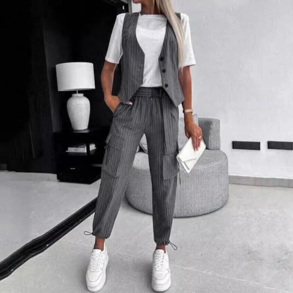 Women Workwear Suit Elegant Women's Vest Pants Set with V Neck Sleeveless Waistcoat High Waist Drawstring Trousers for Commute