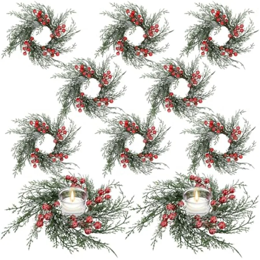 

Набор рождественских колец для свечей: искусственные венки с красными ягодами и снежной сосновой гирляндой, держатели для свечей на Рождество