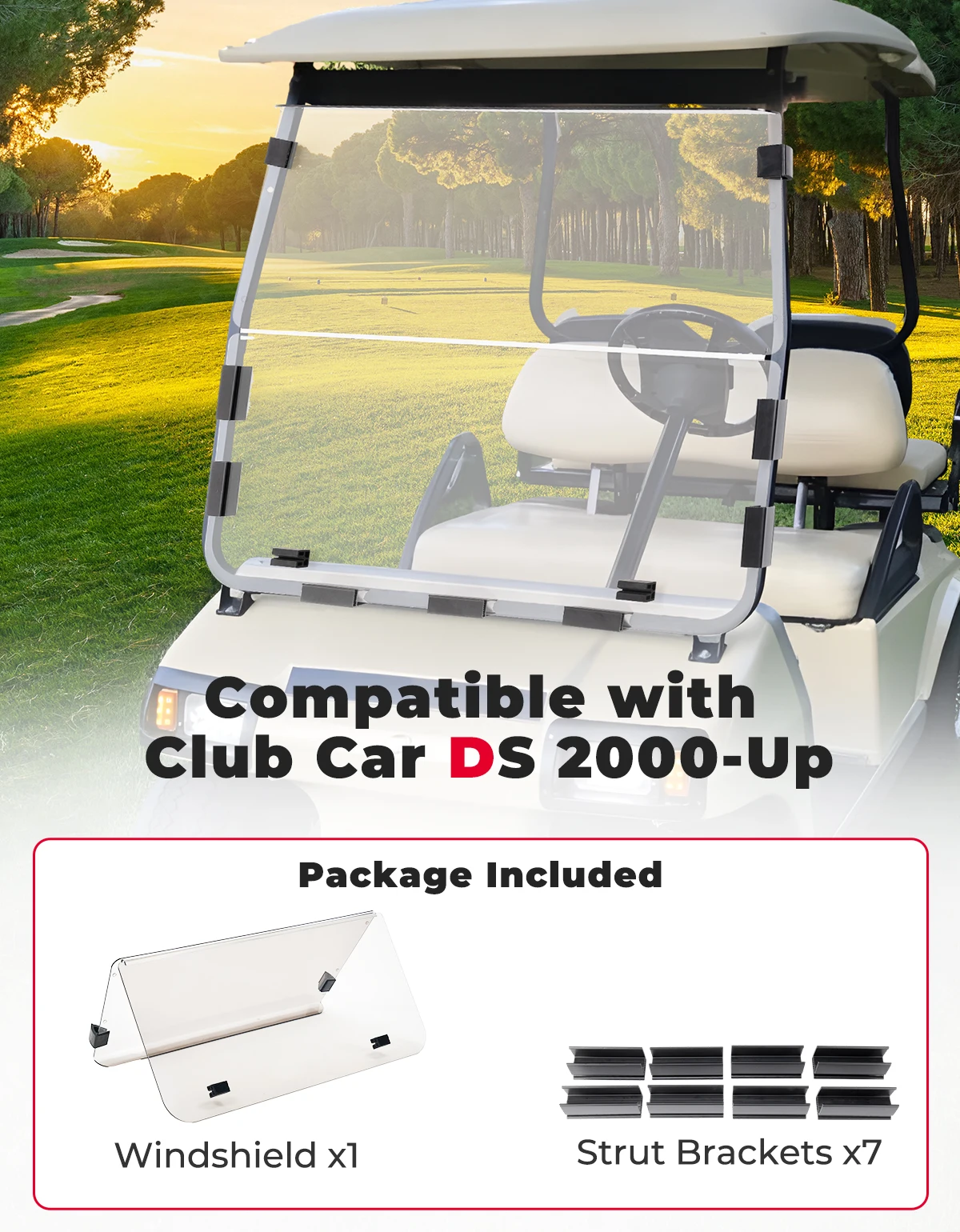 Clear Foldable Golf Cart Windshield Compatible with Club Car DS 2000+ Anti-UV and Impact-Resistant Acrylic Windscreen