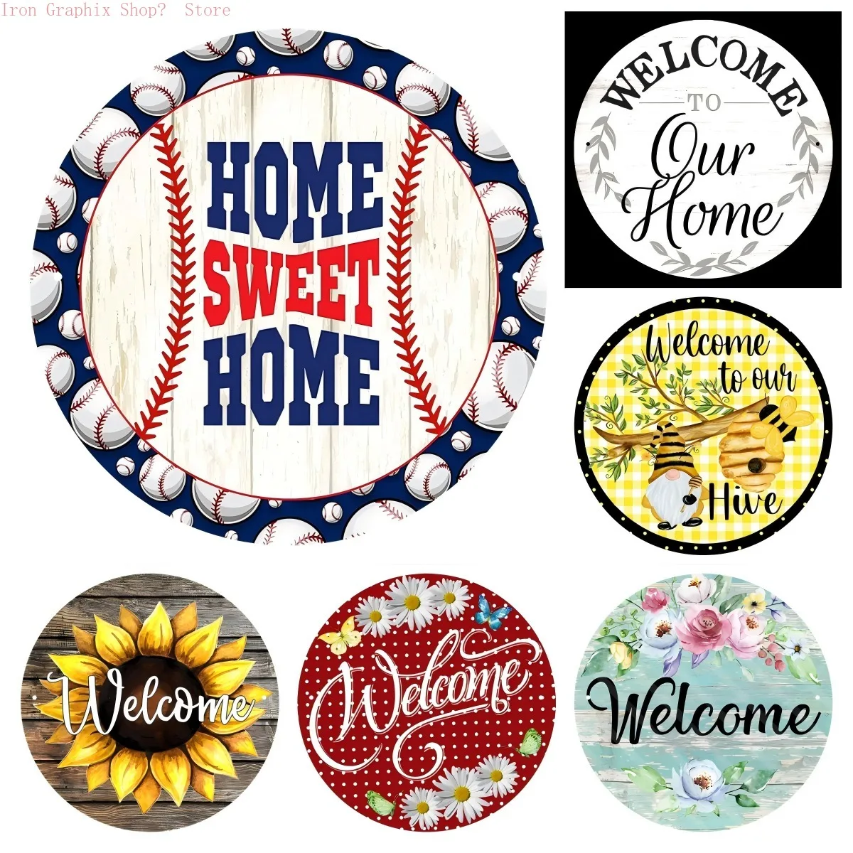 طباعة خشبية ترحيب مبهجة ثنائية الأبعاد، لافتة دائرية عتيقة مع فلامنغو عباد الشمس، ديكور جداري لموضوع حديقة الريف. #1