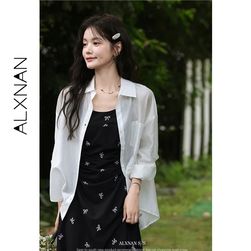 

ALXNAN Women's Shirt White Lapel Loose Casual Long Sleeve Sun Protection Blouses 2026 Summer Elegant Office Lady Tops L56327
