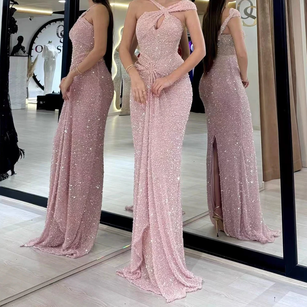 

Pink bandage sequin dress women's sling slit open back light luxury slim fishtail evening dress-GZXX803