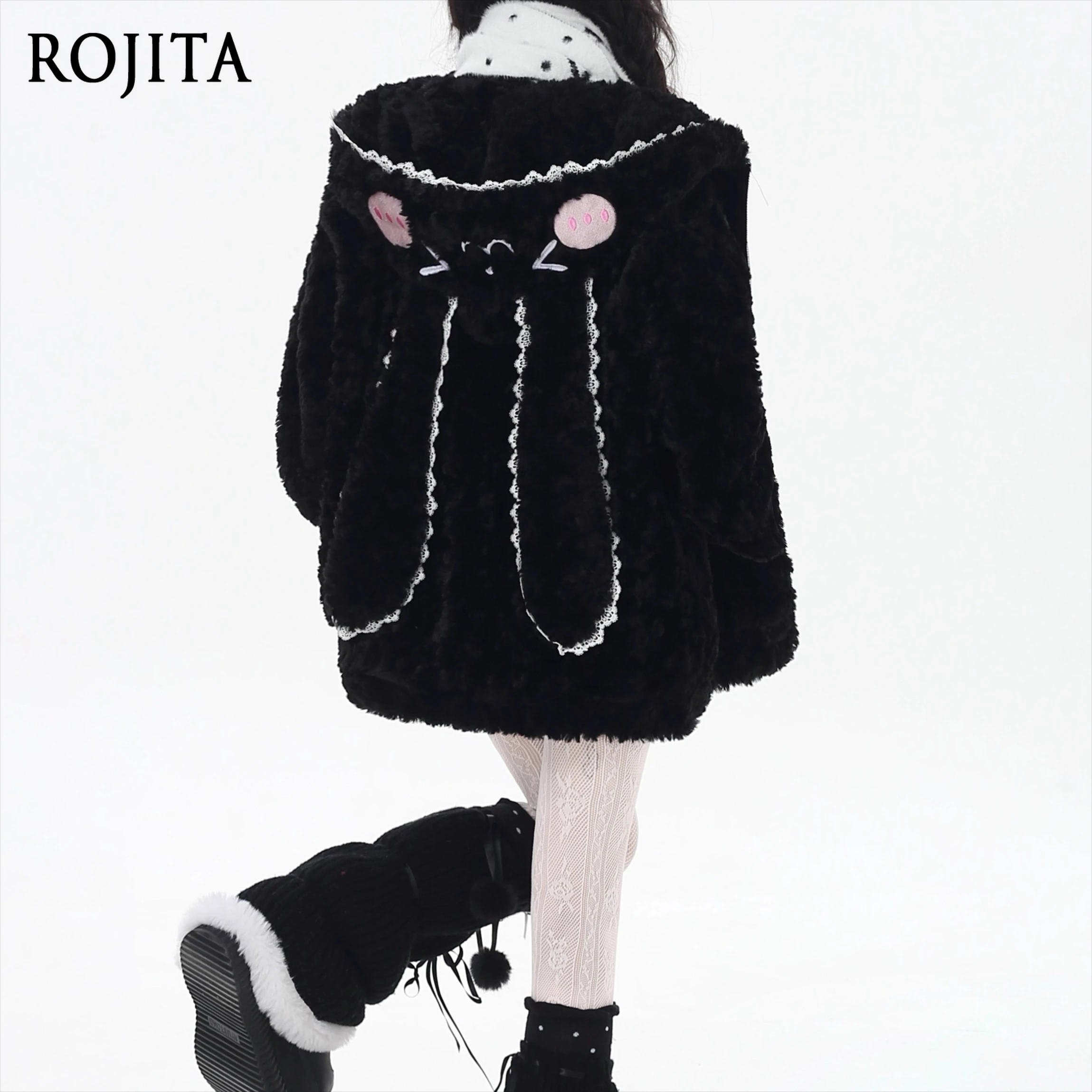 

Long-Eared Rabbit Lamb Wool Coat for Girls Winter Versatile Warm Blush Bunny Cute Loose Hooded Jacket Hoodies Women