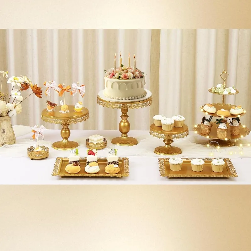 

Set of 8 Gold Cake Stands - Round Metal Cupcake Stands, Cookies Dessert Display Plate, Serving Trays and Platters