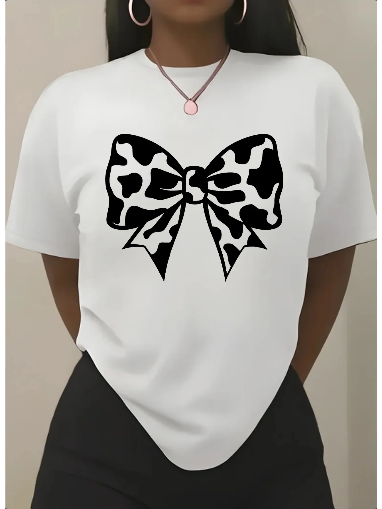 تي شيرت نسائي صيفي غير رسمي مع فيونكة أنيقة بنمط هندسي وأكمام هاراجوكو ملابس كاجوال ملابس علوية للشارع تي شيرت ملابس جمالية #2