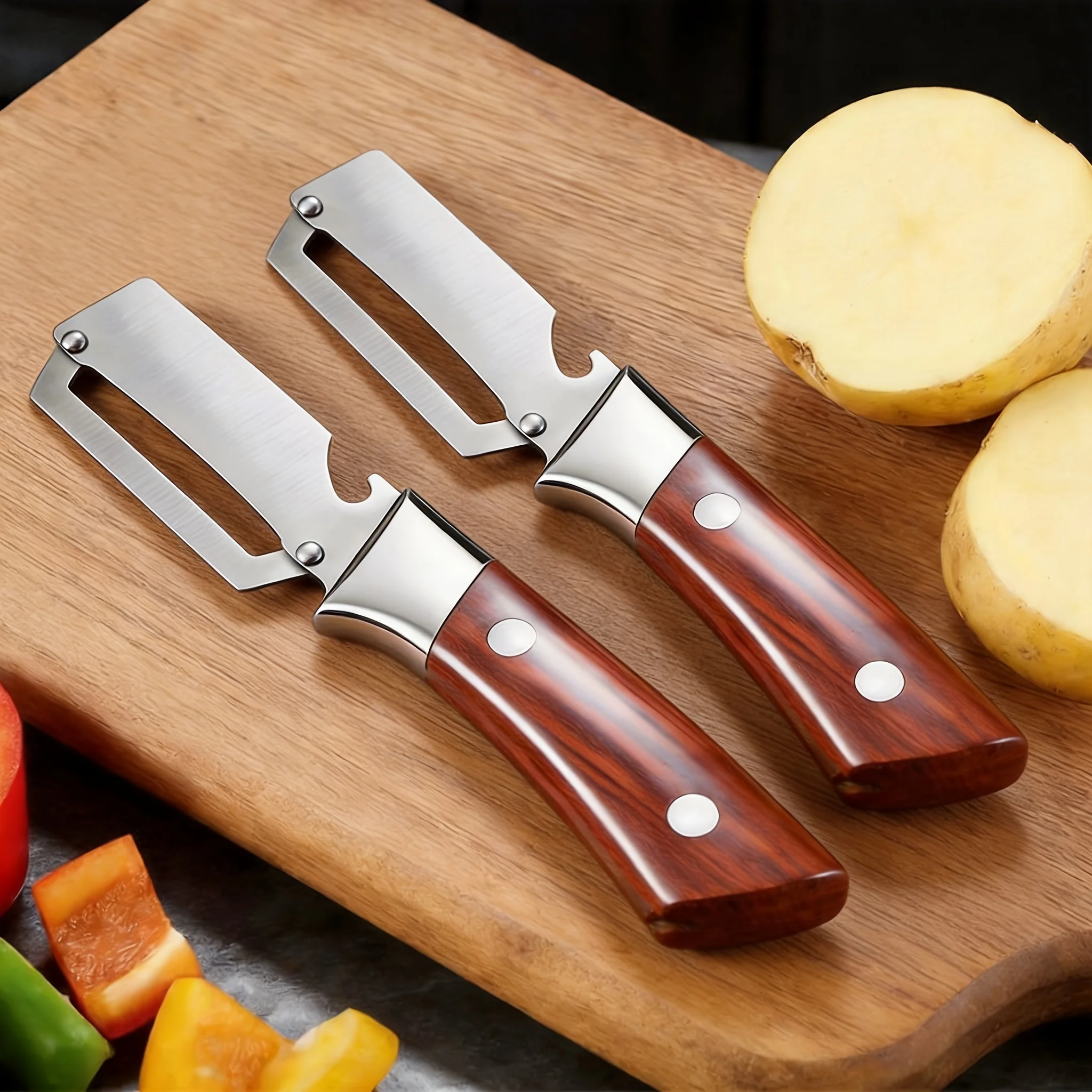 Conjunto de 2 Descascadores de Legumes Multifuncionais em Aço Inoxidável, Ferramenta de Cozinha 2 em 1 com Abridor de Garrafas, Presente Ergonômico para Amantes da Culinária
