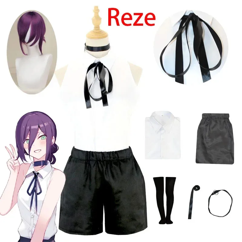 

Reze Cosplay Anime Chainsaw Man Reze Cosplay Costume Shirt Outfits Tie Short Neck Ring Wig Halloween Costumes for Girls Women