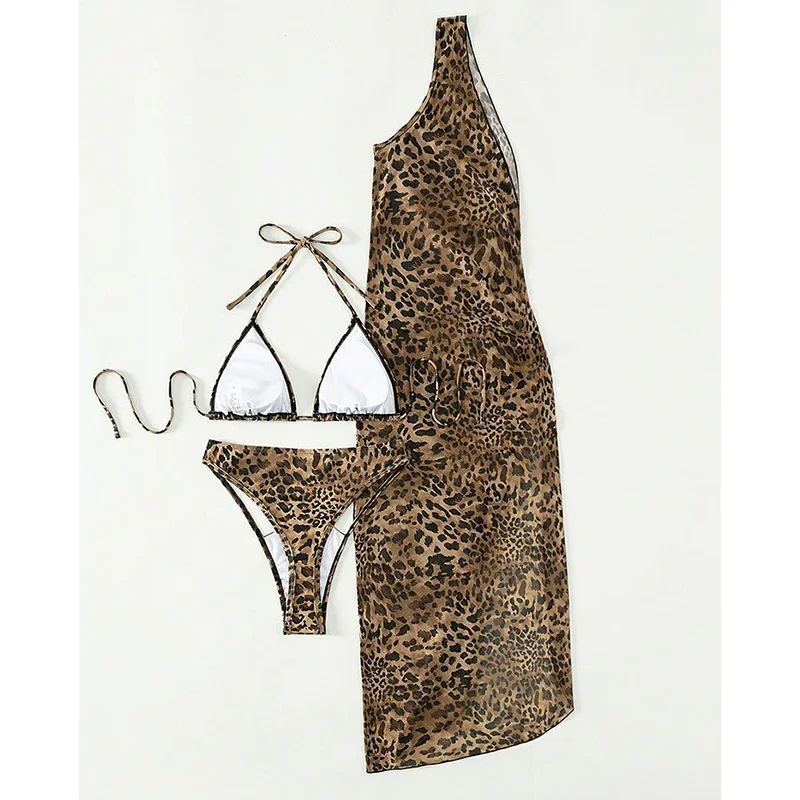 Retro Printing Swimsuit Women Bikini Set Sexy Lace Up Triangle Hollow Out Thong Micro Bikini One Shoulder Mesh Cover Up 3 Piece