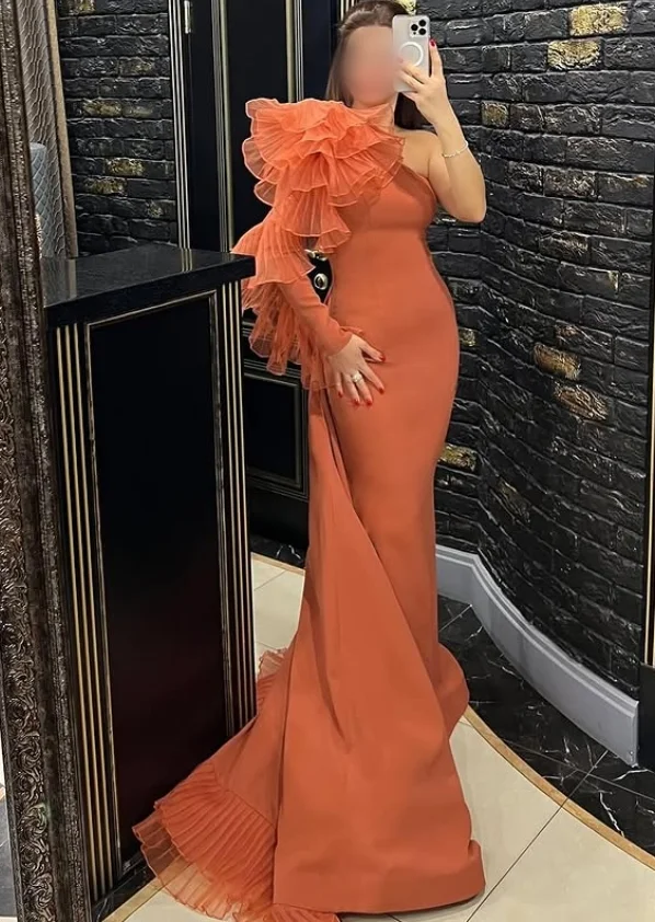 

Customized Gorgeous Orange One Shoulder Sleeve Prom Dresses Waist Slimming Fishtail Floor Ruffles Embellished Formal Occasion