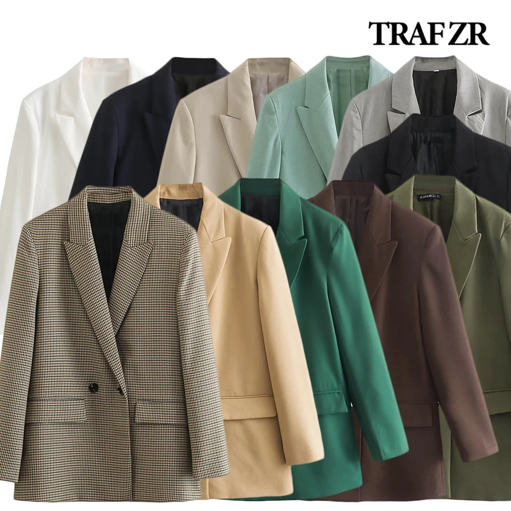 TRAF ZR Women 2024 Vintage Cozy Multi-Colar Blazers Basic Chic Flap Pocket Outerwear Comfy Long Sleeve Notched Lapeled Coat