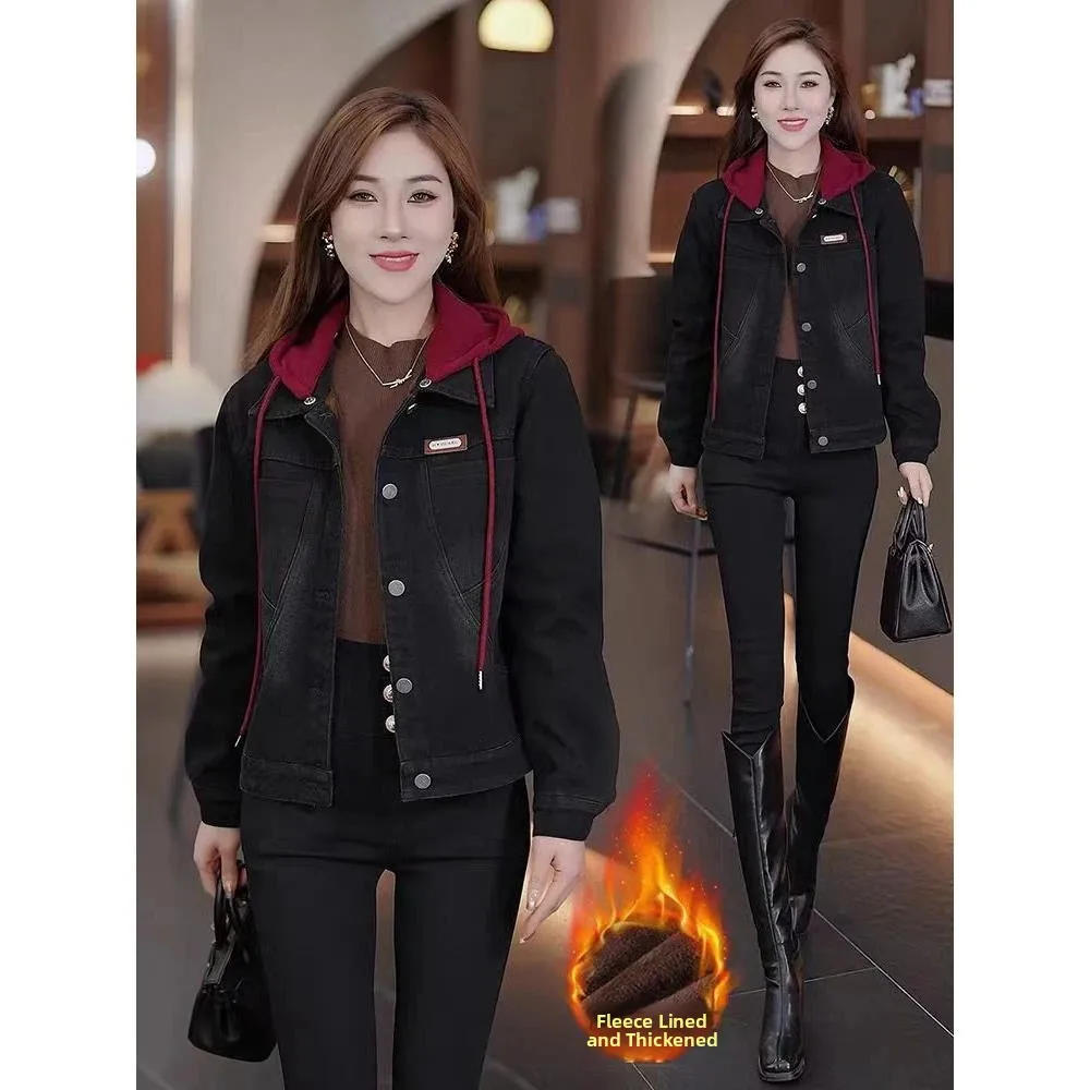 Thiened Fce 후드 데님 재킷 여성 캐주얼 오버사이즈 루즈핏 패셔너블 겨울 2024 신상 다용도 아우터웨어