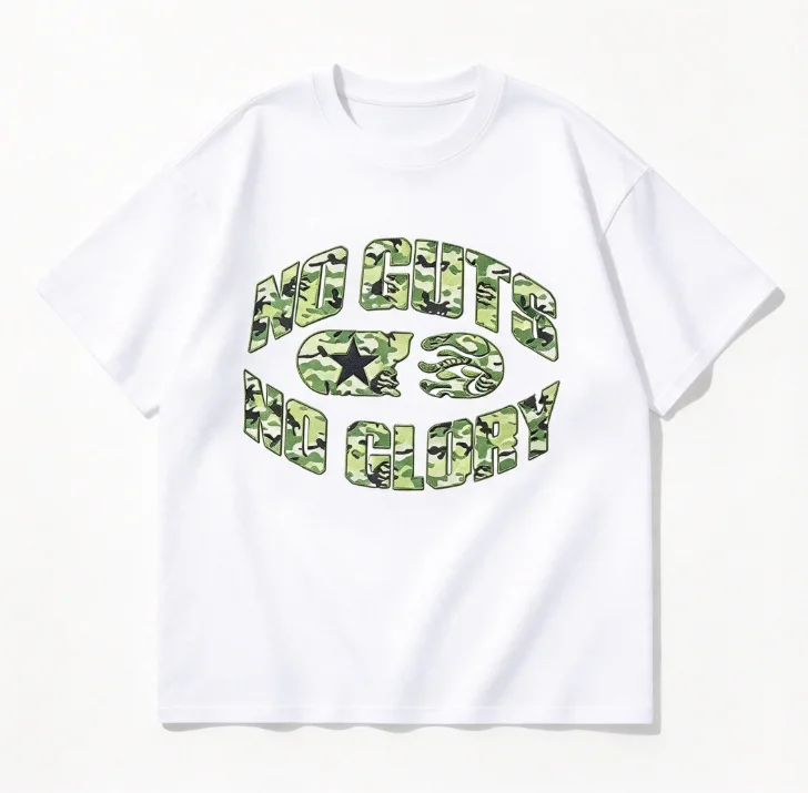 2026 new Single-sided print short sleeve tee curved camouflage slogan with star element on front washed dropped shoulder loose