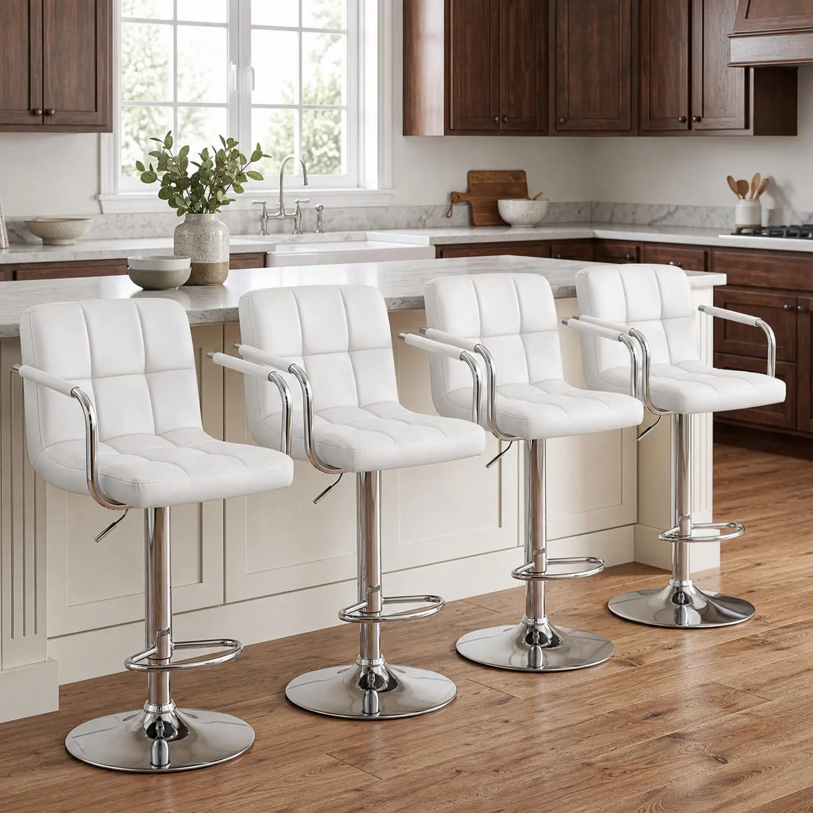 Swivel Bar Stools Set of 4, PU Leather Counter Height Stool with Arm | Upholstered Bar Chairs with Back, BarStools