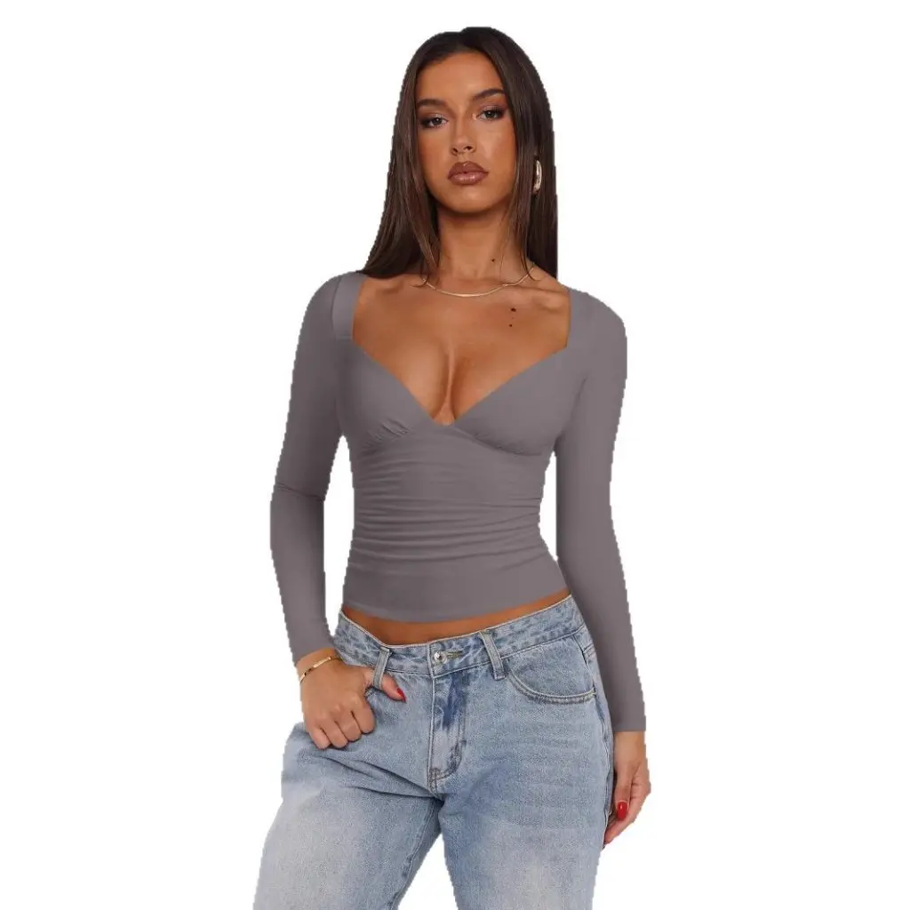 

Y2K Summer Diamond Collar Long Sleeve T-shirt for Women Slim Fit Mature Style Fashion Top by Source Direct Supply