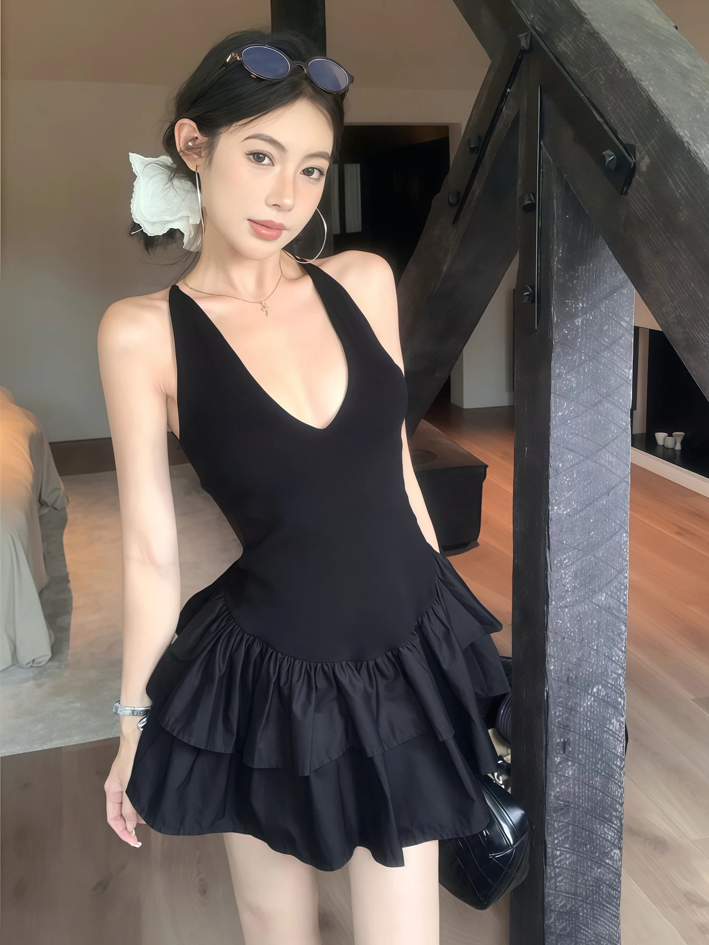 

Сексуальная пикантная девушка для похудения с глубоким v-образным вырезом и талией, женское летнее платье с пышной юбкой с бутоном цветка, платье на бретельках