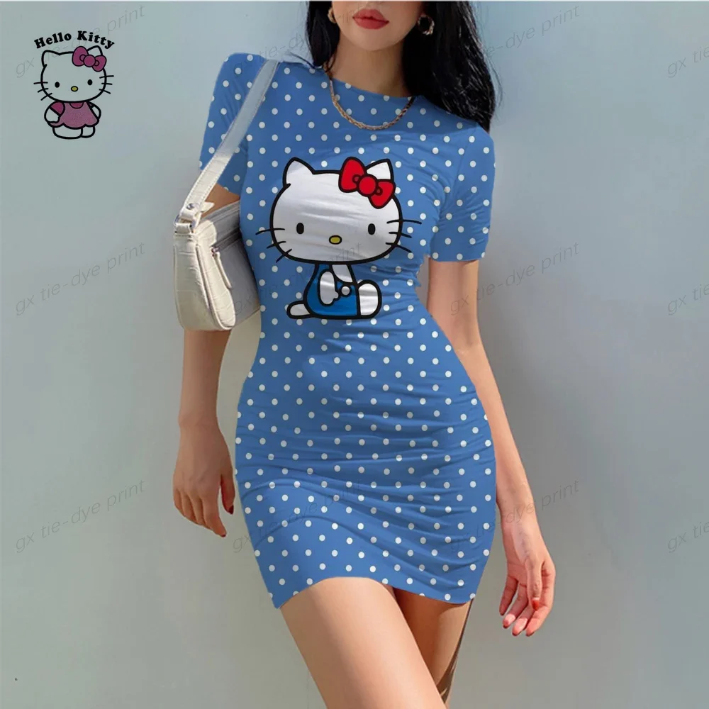 Hello Kitty-Mini vestido bodycon 3D feminino, manga curta, gola em O, sexy ladies, night club wear, vestidos finos, rosa, fashion