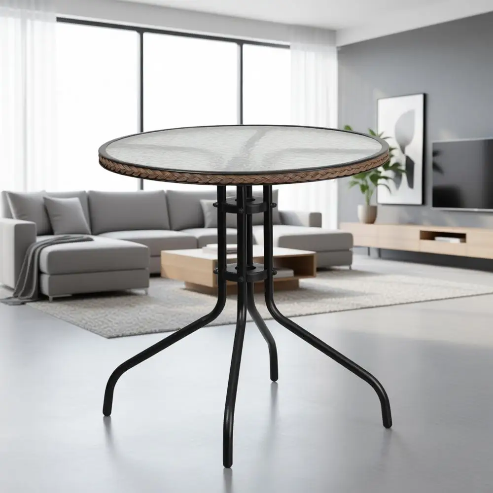 

28 Inch Round Tempered Glass Table with Brown Rattan Edge