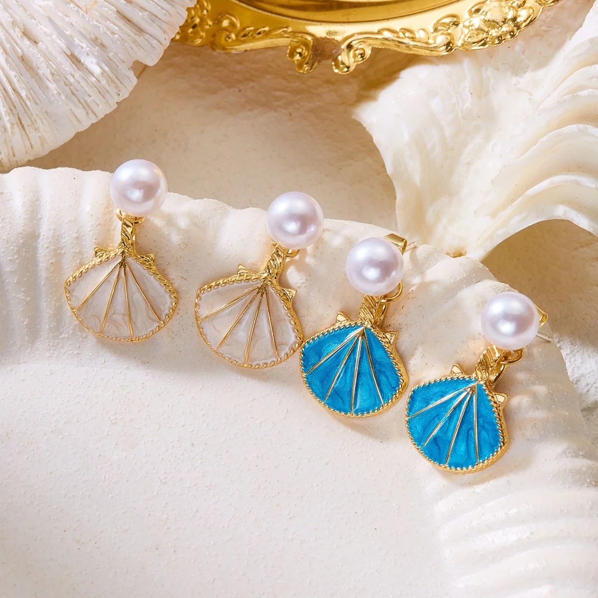 Imitationsperlen-Ohrstecker mit Emaille-Muschel-Rückseite für Damen und Herren, böhmische Ozean-Strand-Muschel-Ohrringe, Sommerparty-Schmuck – Detail 4