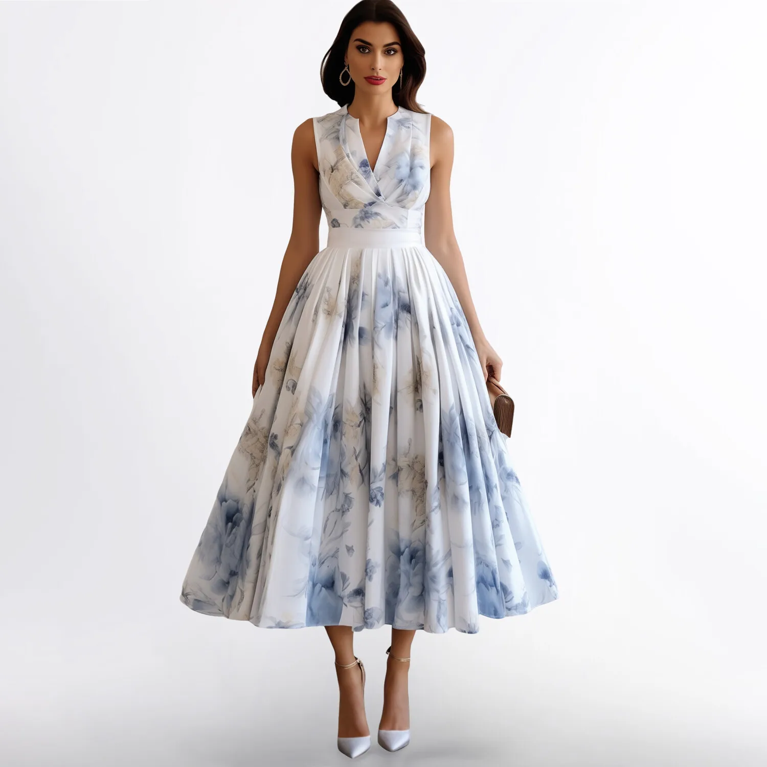 Robe d'invité de mariage pour femmes, en mousseline de soie bleue, imprimé Floral, col en V, sans manches, robe mi-longue